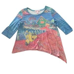 Leoma Lovegrove womens XL 3/4 sleeve shirt scene print beach stripe top cute